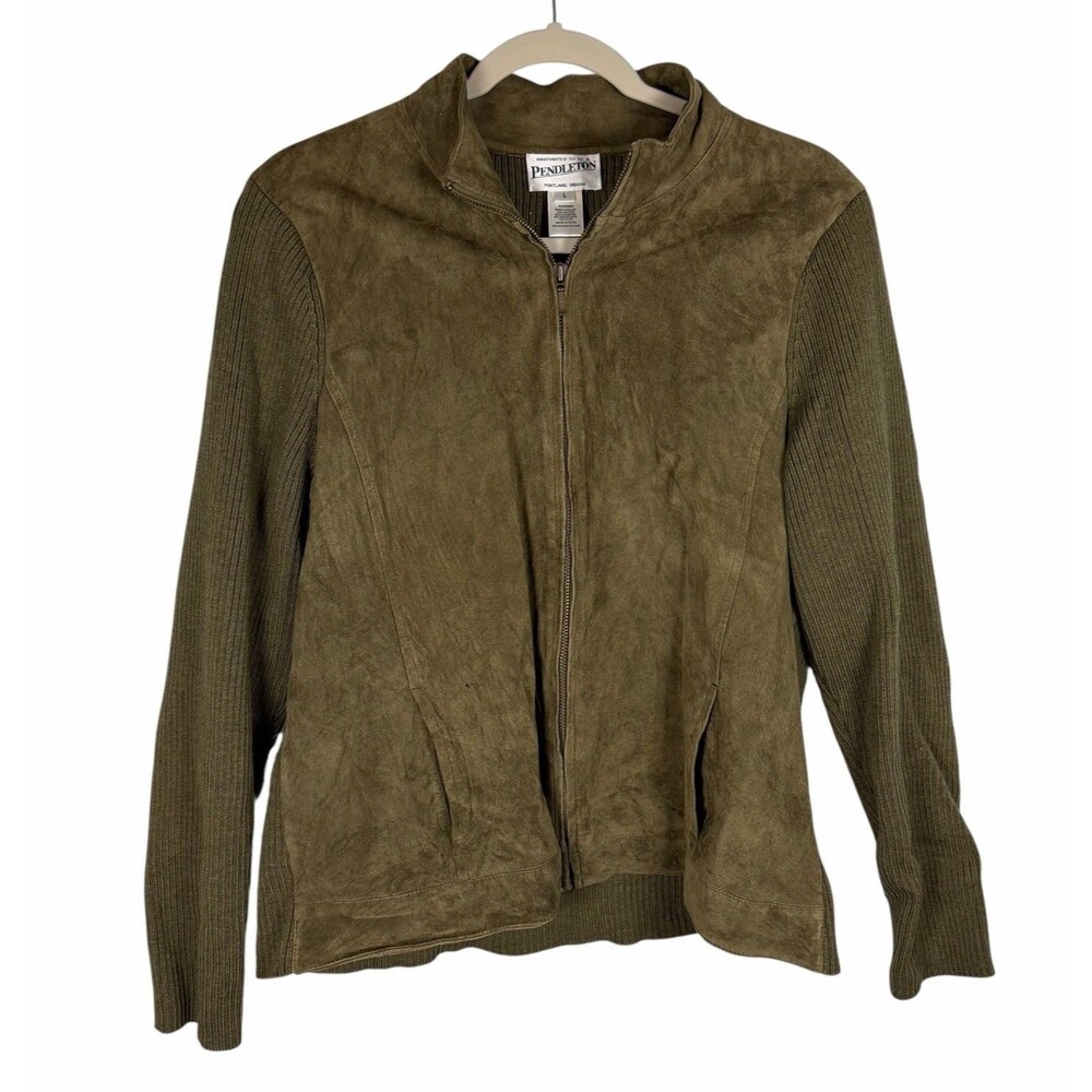 Pendleton Womens Leather Suede Merino Wool Jacket Green Size Large